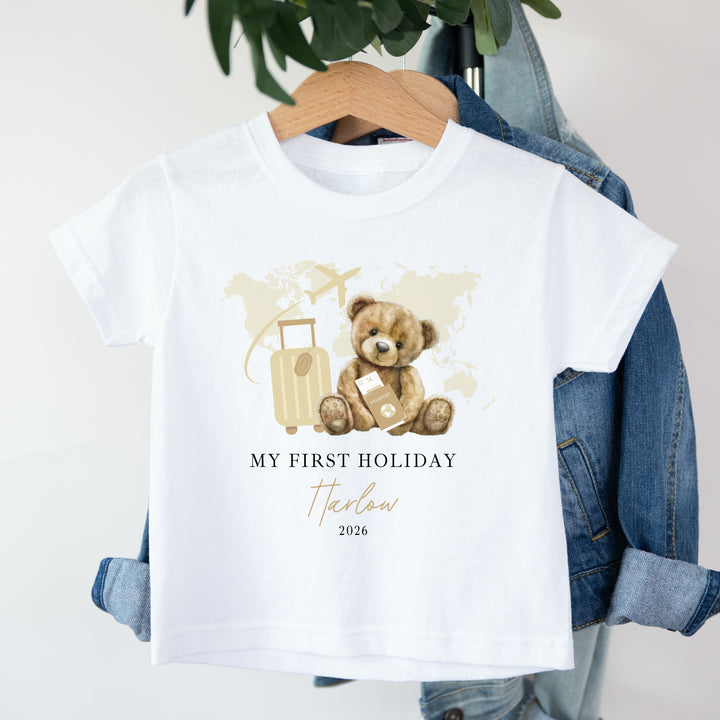 Personalised Beige Teddy My First Holiday T-Shirt