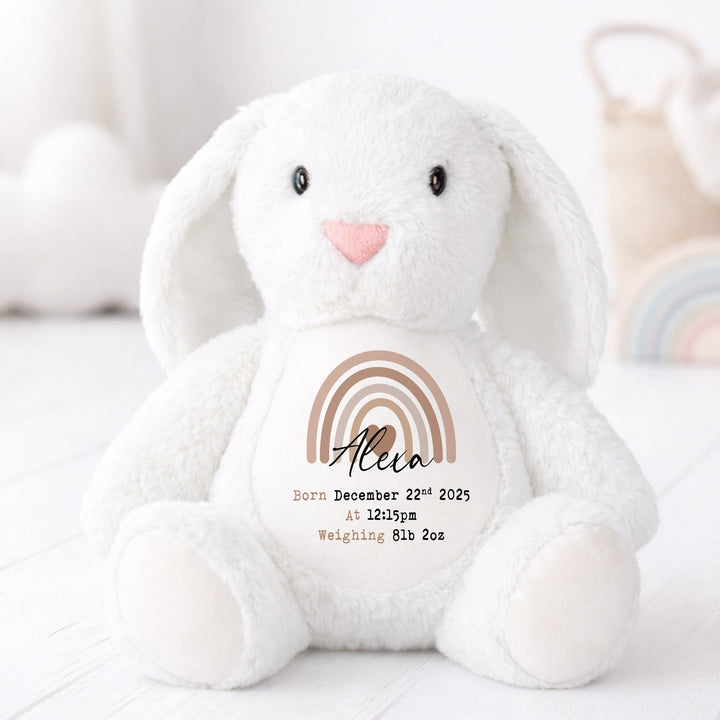 Personalised Beige Rainbow Birth Announcement Rabbit