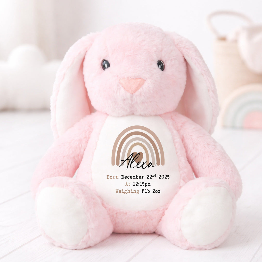 Personalised Beige Rainbow Birth Announcement Rabbit