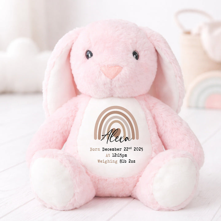Personalised Beige Rainbow Birth Announcement Rabbit