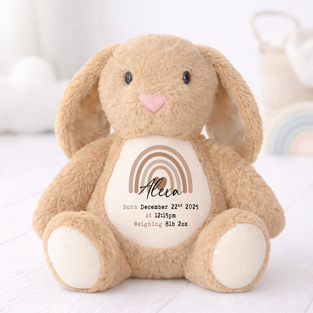 Personalised Beige Rainbow Birth Announcement Rabbit