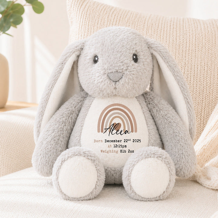Personalised Beige Rainbow Birth Announcement Rabbit