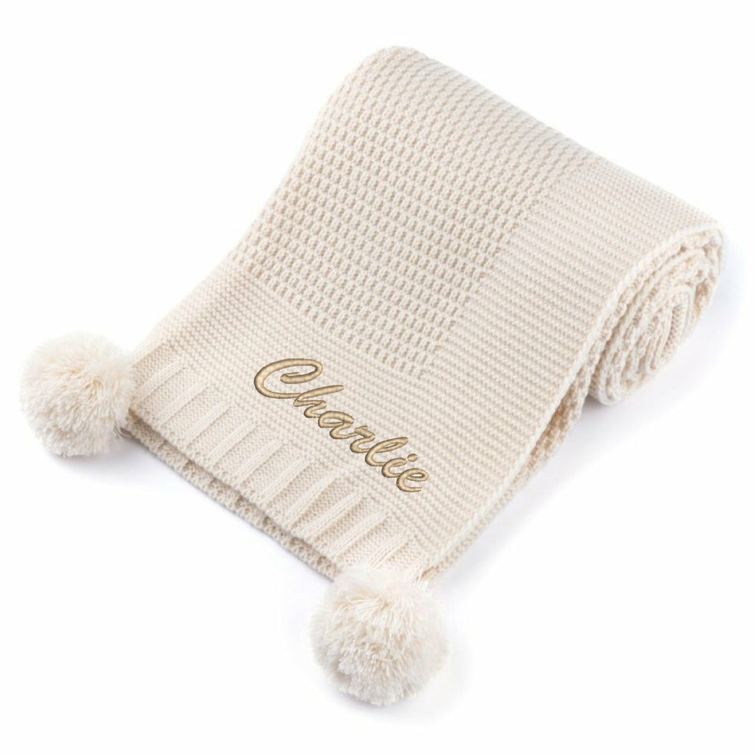 Personalised Beige Embroidered Knitted Baby Blanket