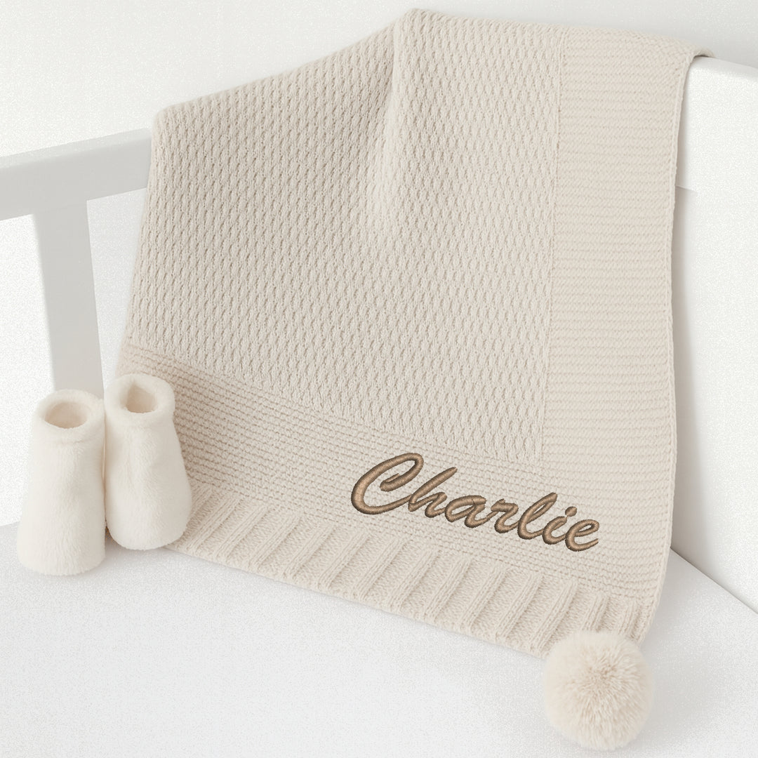 Personalised Beige Embroidered Knitted Baby Blanket