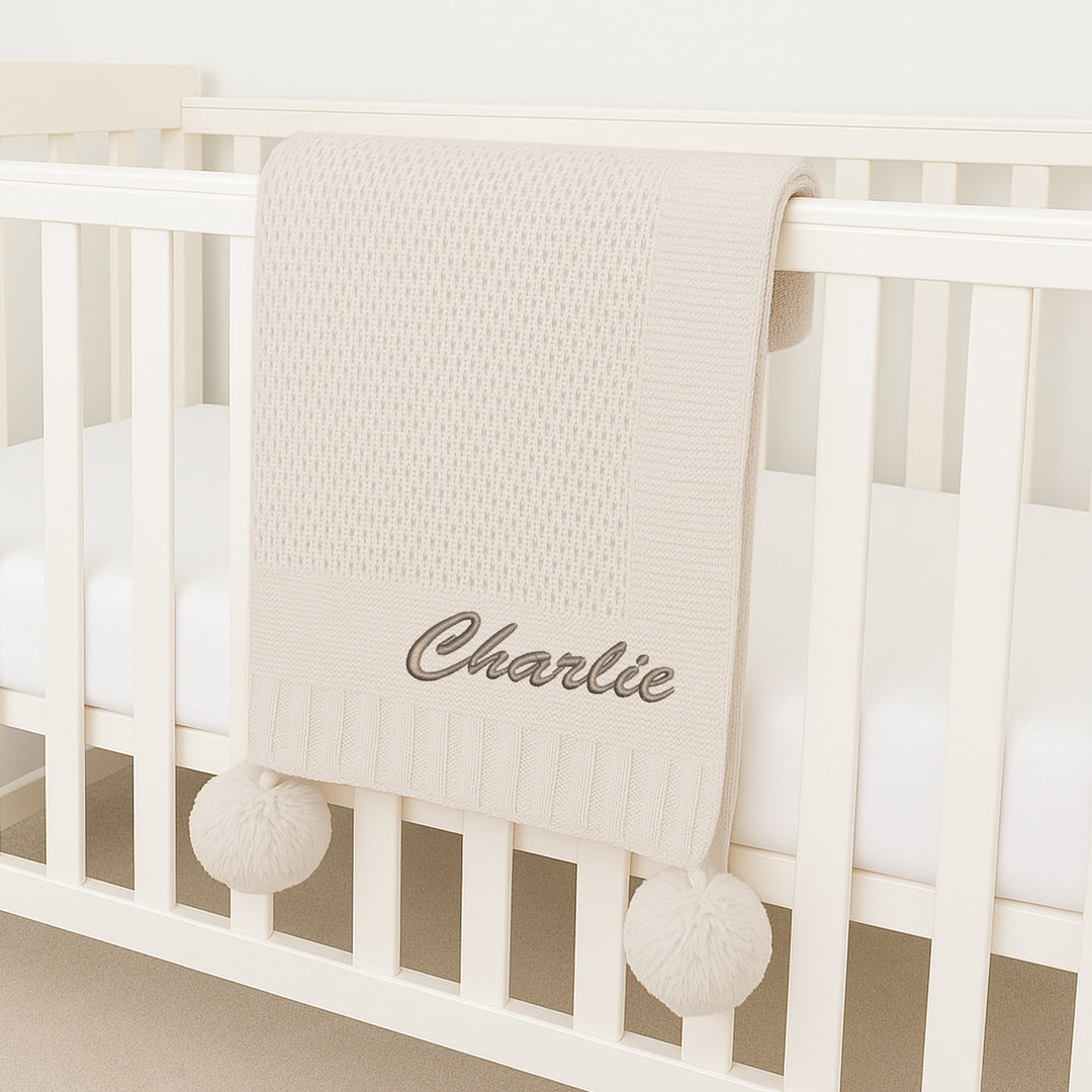 Personalised Beige Embroidered Knitted Baby Blanket