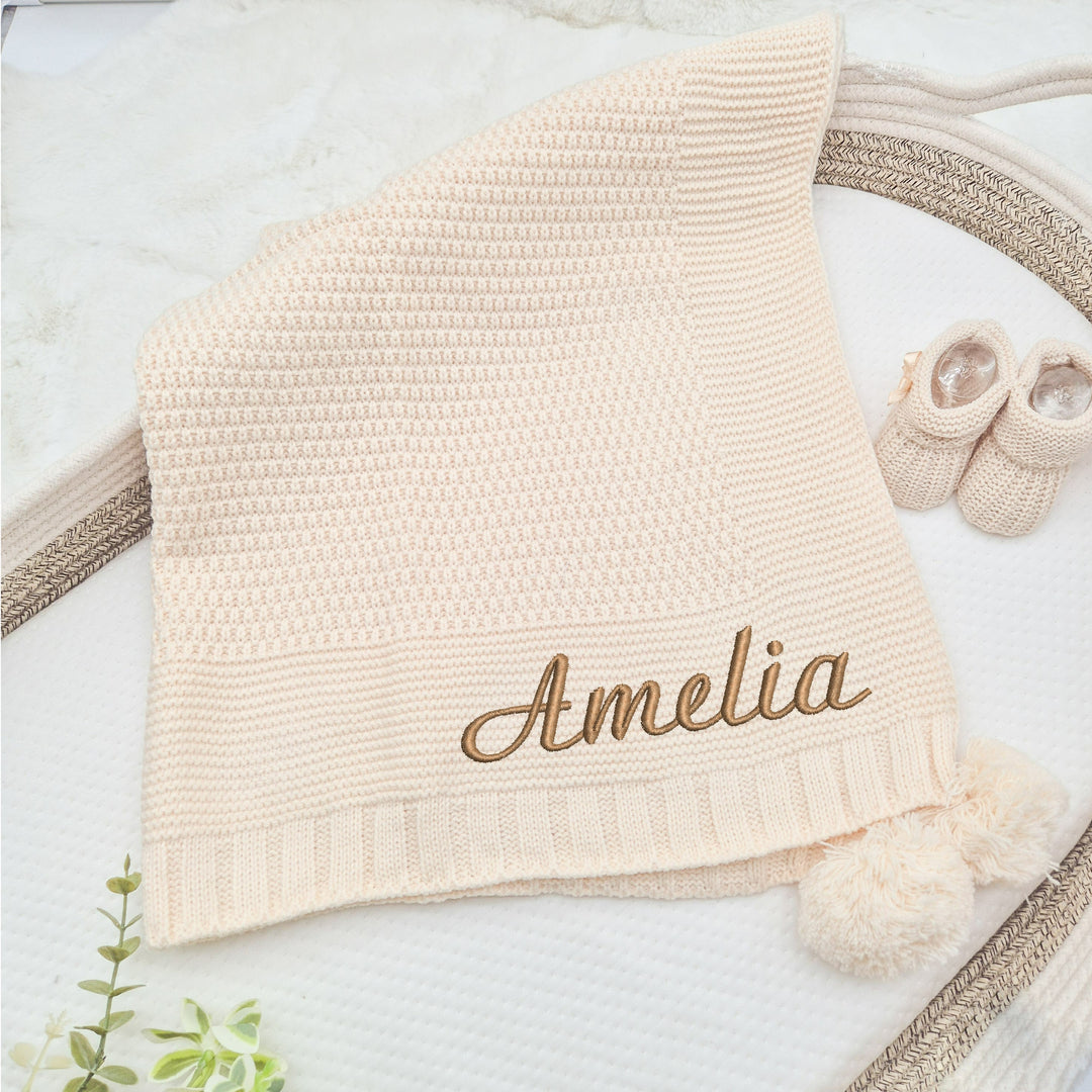 Personalised Beige Embroidered Knitted Baby Blanket