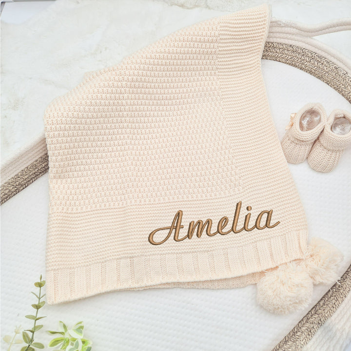 Personalised Beige Embroidered Knitted Baby Blanket