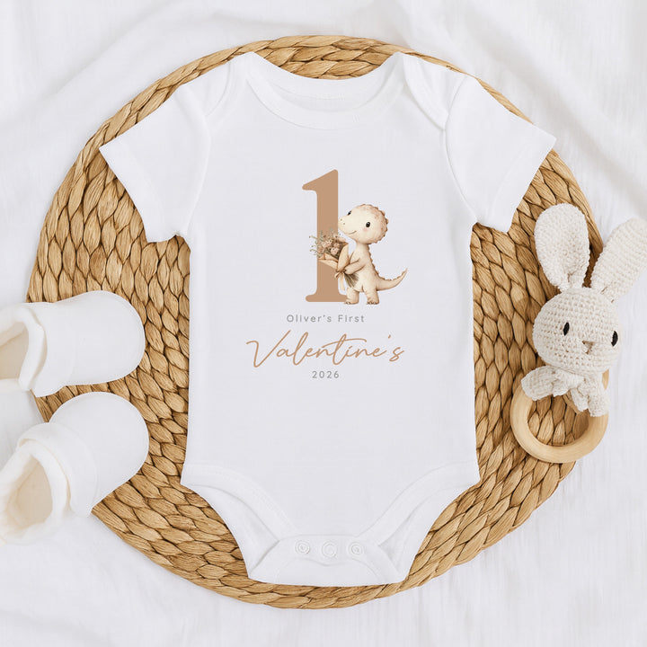 Personalised Beige Dinosaur My First Valentines Day Baby Grow, Vest or Bib