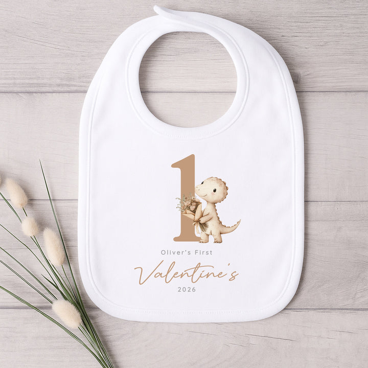 Personalised Beige Dinosaur My First Valentines Day Baby Grow, Vest or Bib