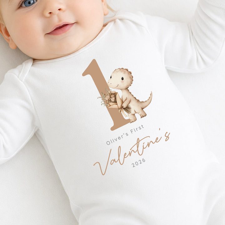 Personalised Beige Dinosaur My First Valentines Day Baby Grow, Vest or Bib