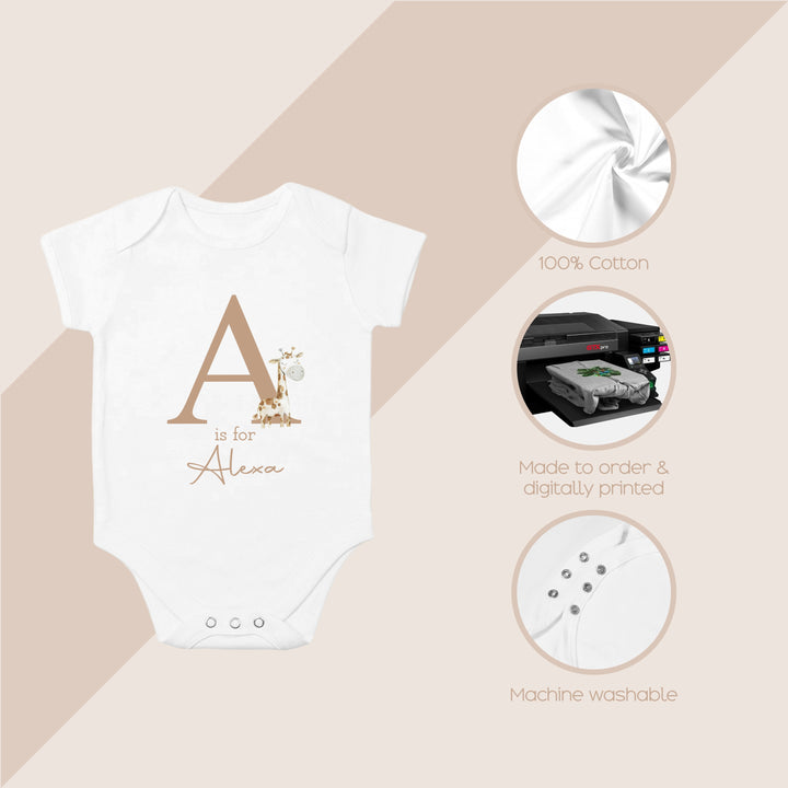 Personalised Giraffe Initial Babygrow/Vest/Bib