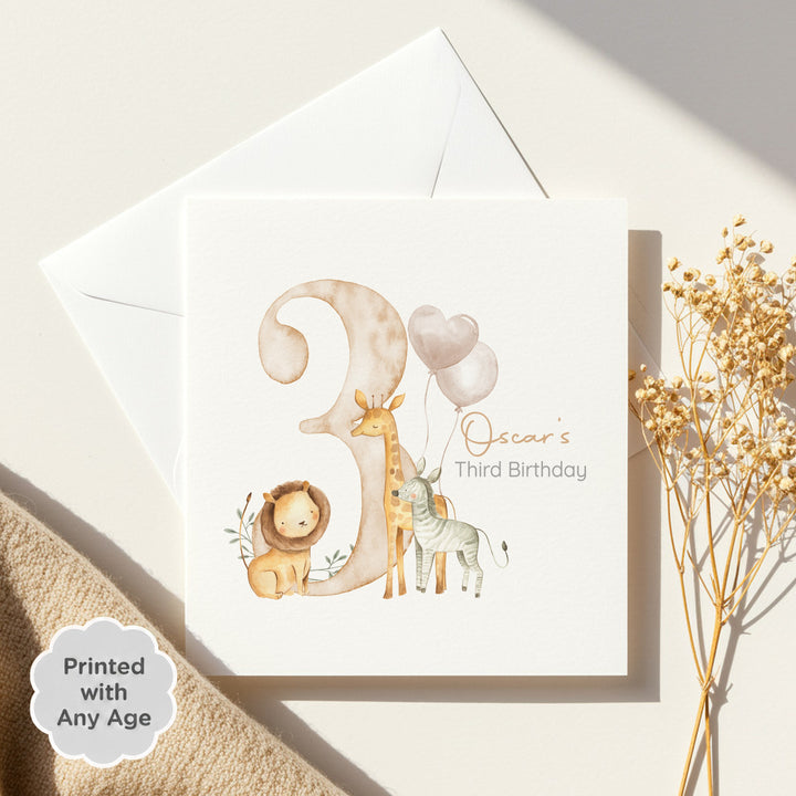 Personalised Beige Safari Any Age Birthday Card