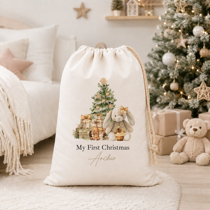 Personalised Beige Bunny My First Christmas Canvas Santa Sack