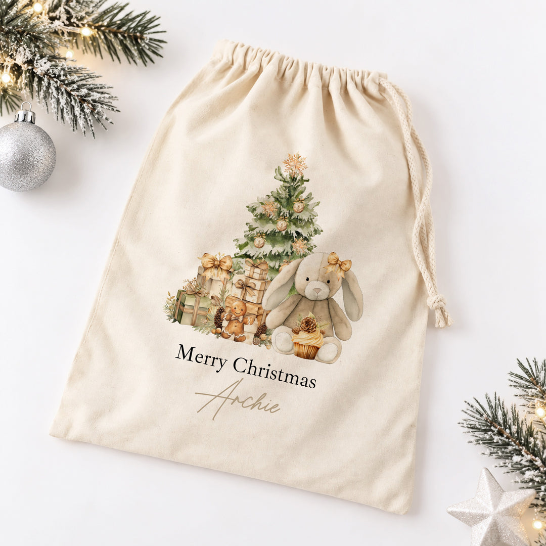 Personalised Beige Bunny My First Christmas Canvas Santa Sack
