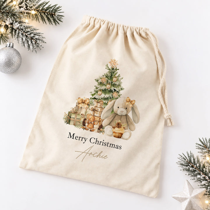 Personalised Beige Bunny My First Christmas Canvas Santa Sack