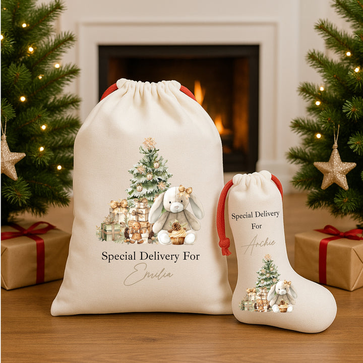 Personalised Beige Bunny Christmas Red Drawstring Santa Sack