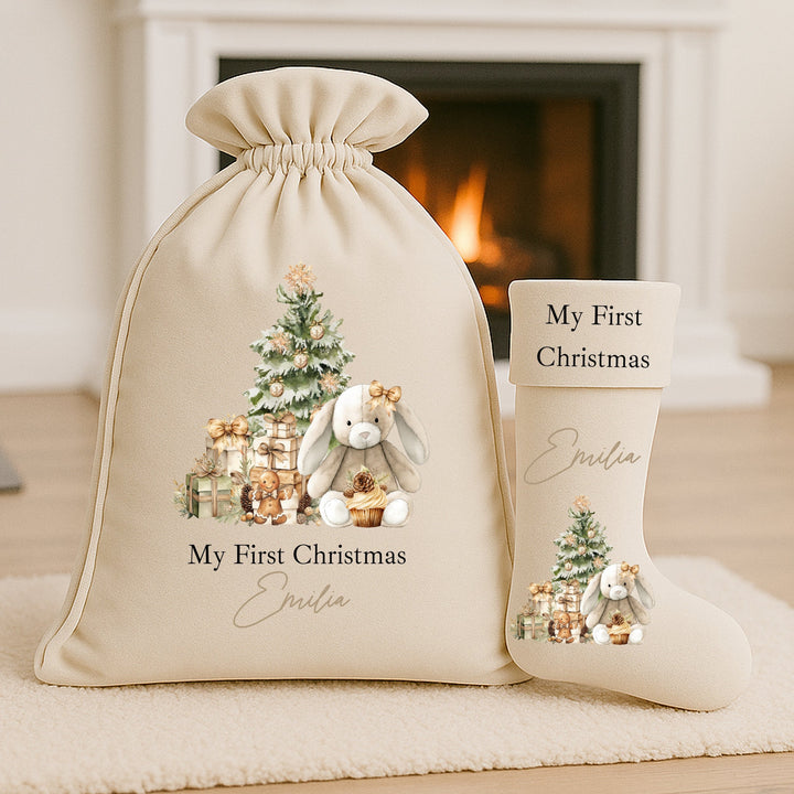 Personalised Beige Bunny Christmas Stocking or Santa Sack