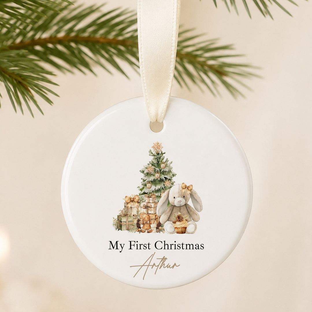 Personalised Beige Bunny Ceramic My First Christmas Bauble