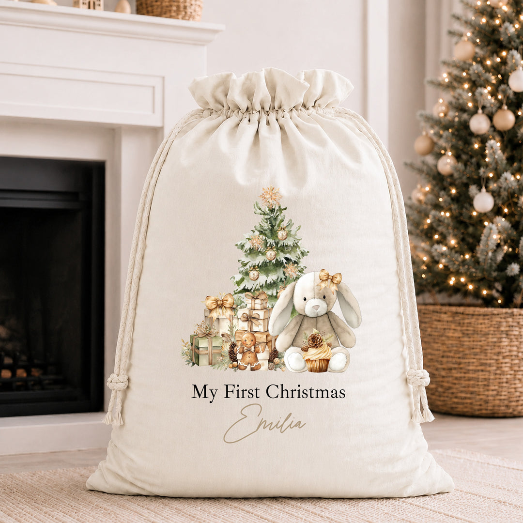Personalised Beige Bunny My First Christmas Santa Sack or Stocking