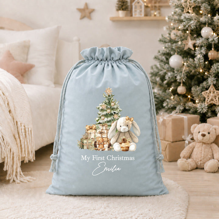 Personalised Beige Bunny My First Christmas Santa Sack or Stocking