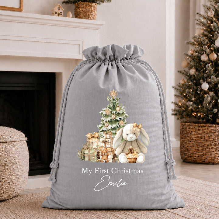 Personalised Beige Bunny My First Christmas Santa Sack or Stocking