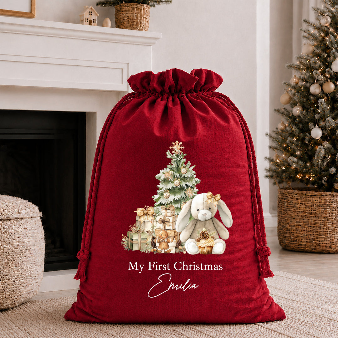 Personalised Beige Bunny My First Christmas Santa Sack or Stocking