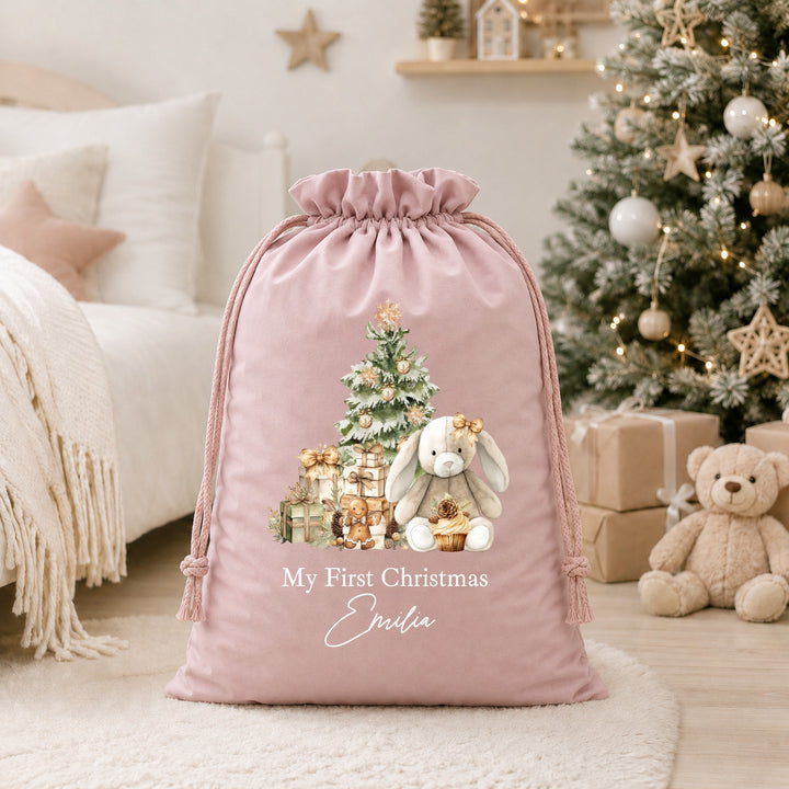 Personalised Beige Bunny My First Christmas Santa Sack or Stocking