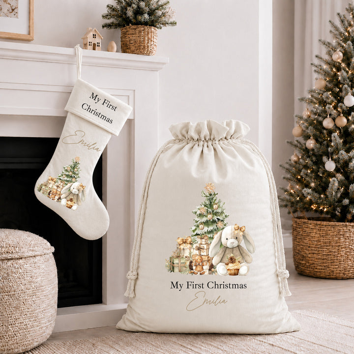 Personalised Beige Bunny My First Christmas Santa Sack or Stocking