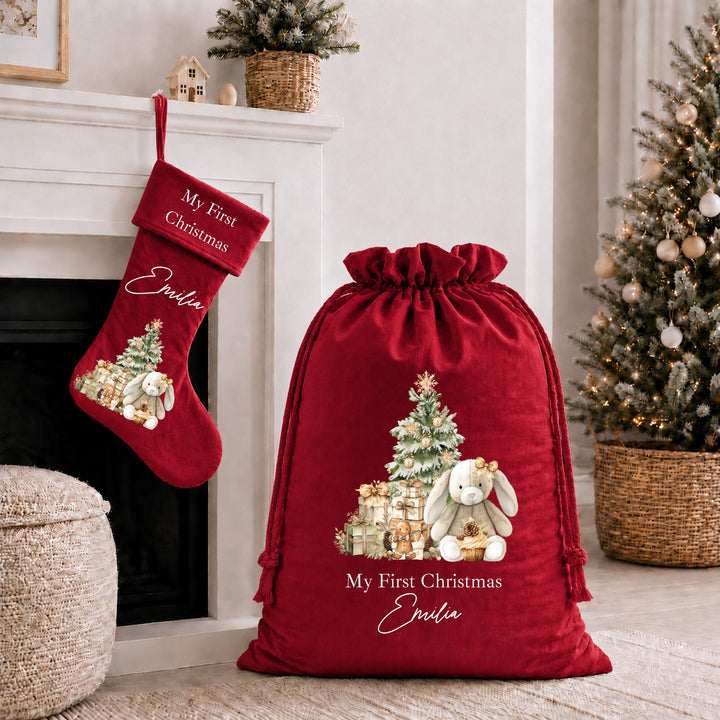 Personalised Beige Bunny My First Christmas Santa Sack or Stocking