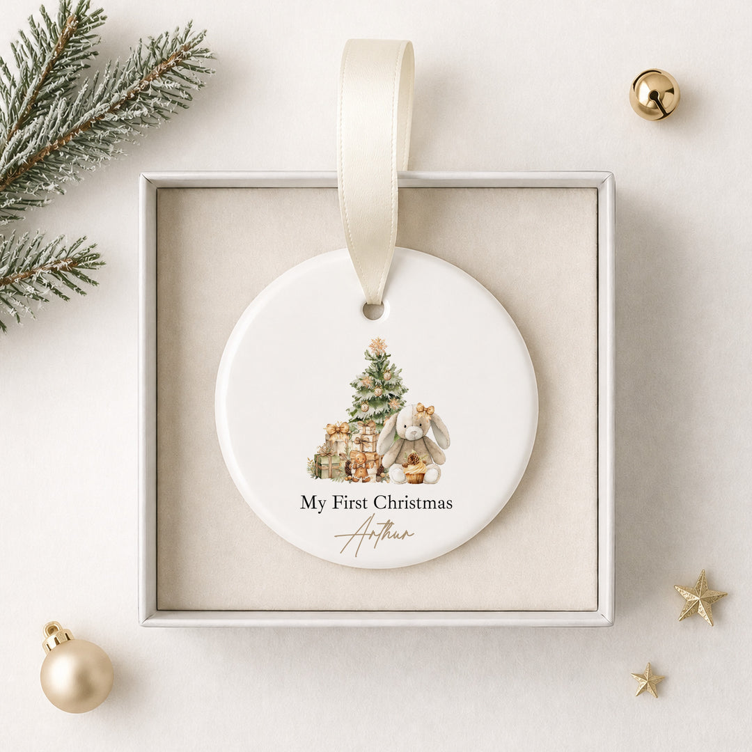 Personalised Beige Bunny Ceramic My First Christmas Bauble