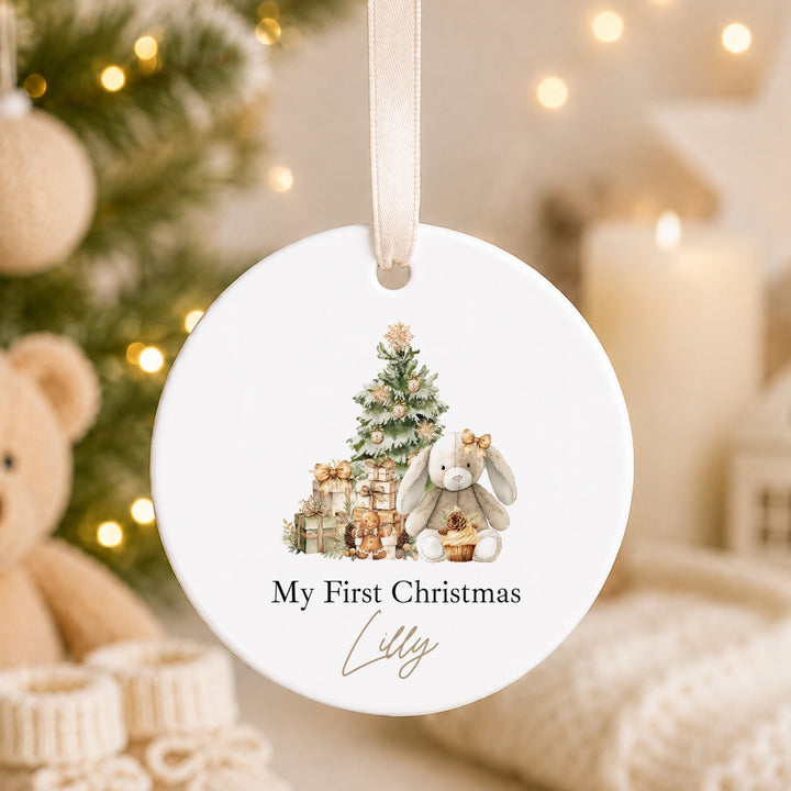 Personalised Beige Bunny Ceramic My First Christmas Bauble