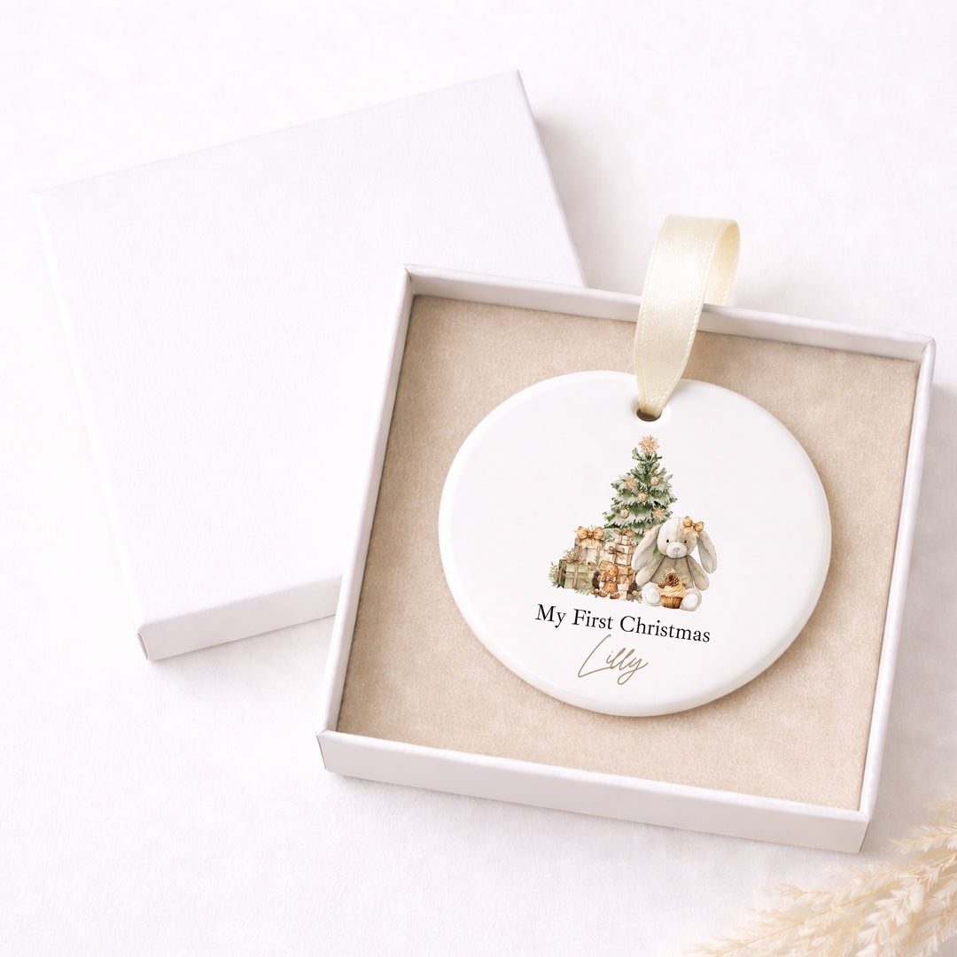 Personalised Beige Bunny Ceramic My First Christmas Bauble