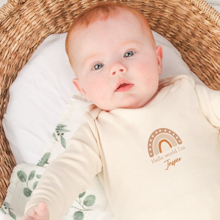 Personalised Hello World Beige Rainbow Babygrow/Vest