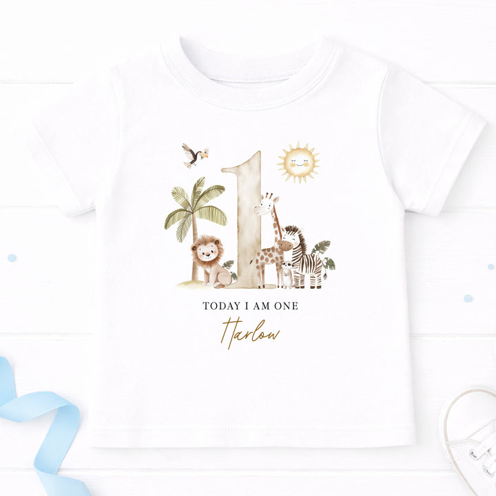 Personalised Beige Safari Today I Am One Birthday T-Shirt
