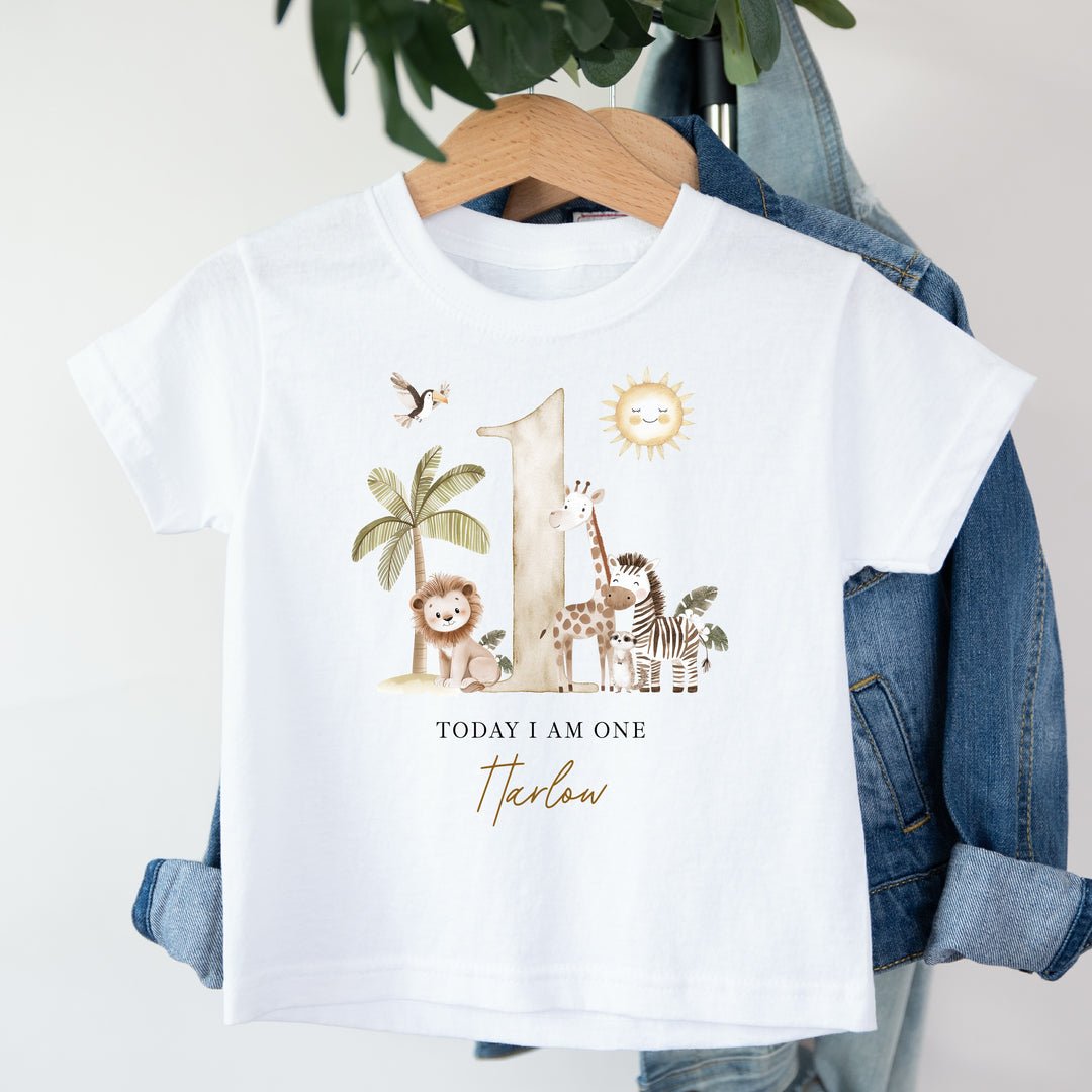 Personalised Beige Safari Today I Am One Birthday T-Shirt