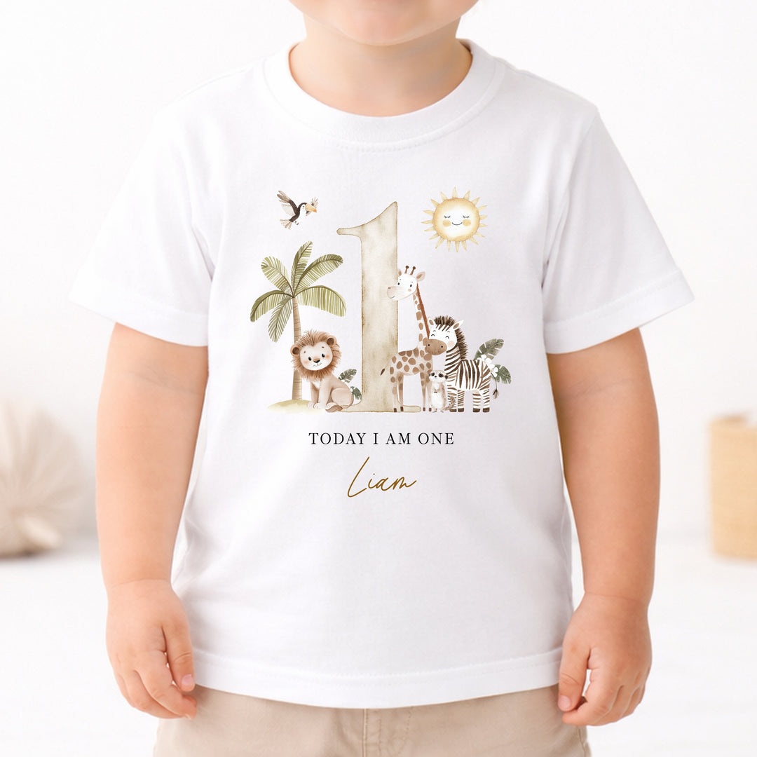 Personalised Beige Safari Today I Am One Birthday T-Shirt