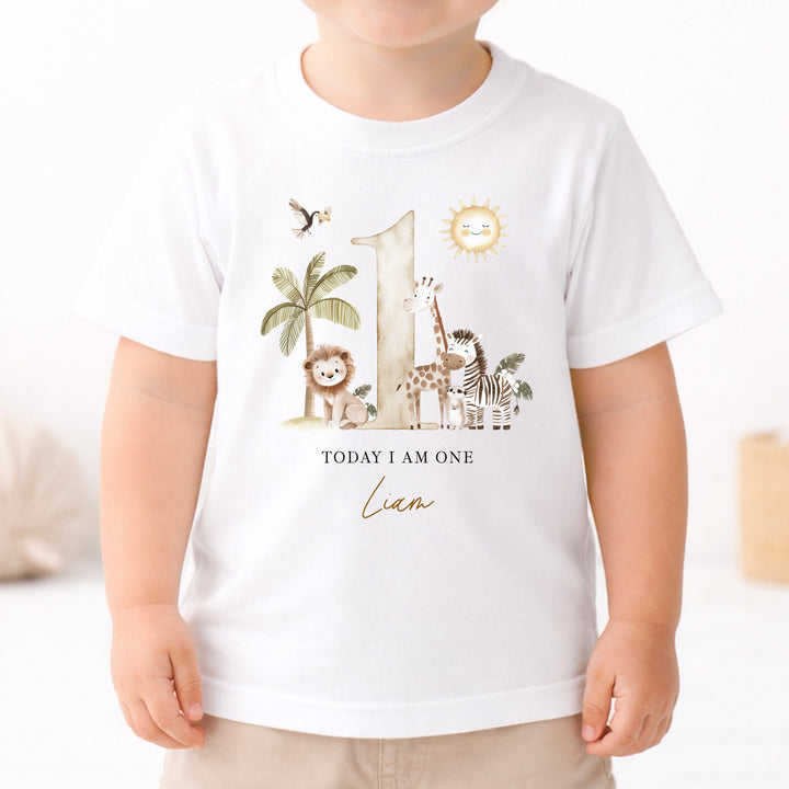 Personalised Beige Safari Today I Am One Birthday T-Shirt