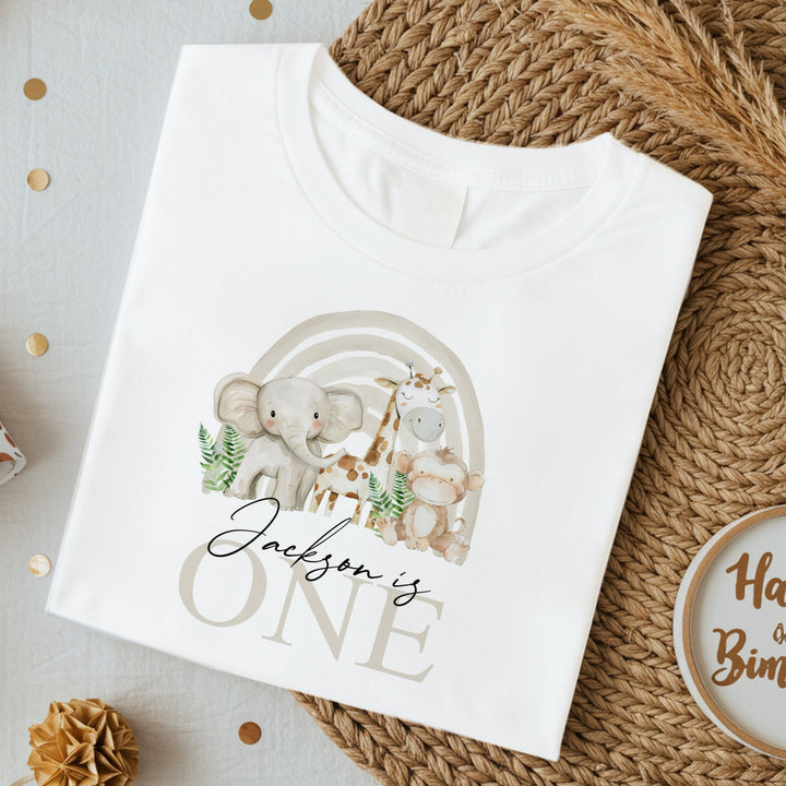 Personalised Beige Jungle Rainbow Birthday T-shirt