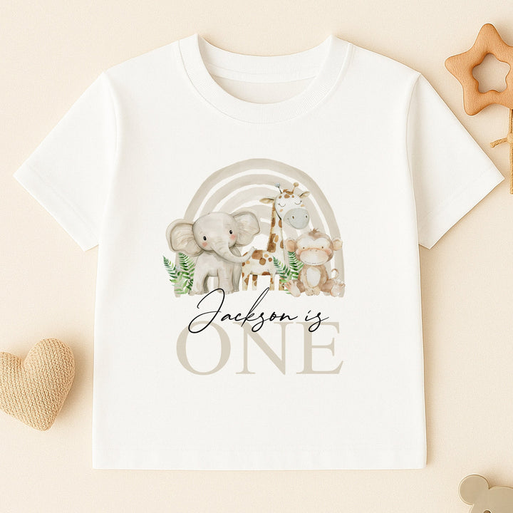 Personalised Beige Jungle Rainbow Birthday T-shirt