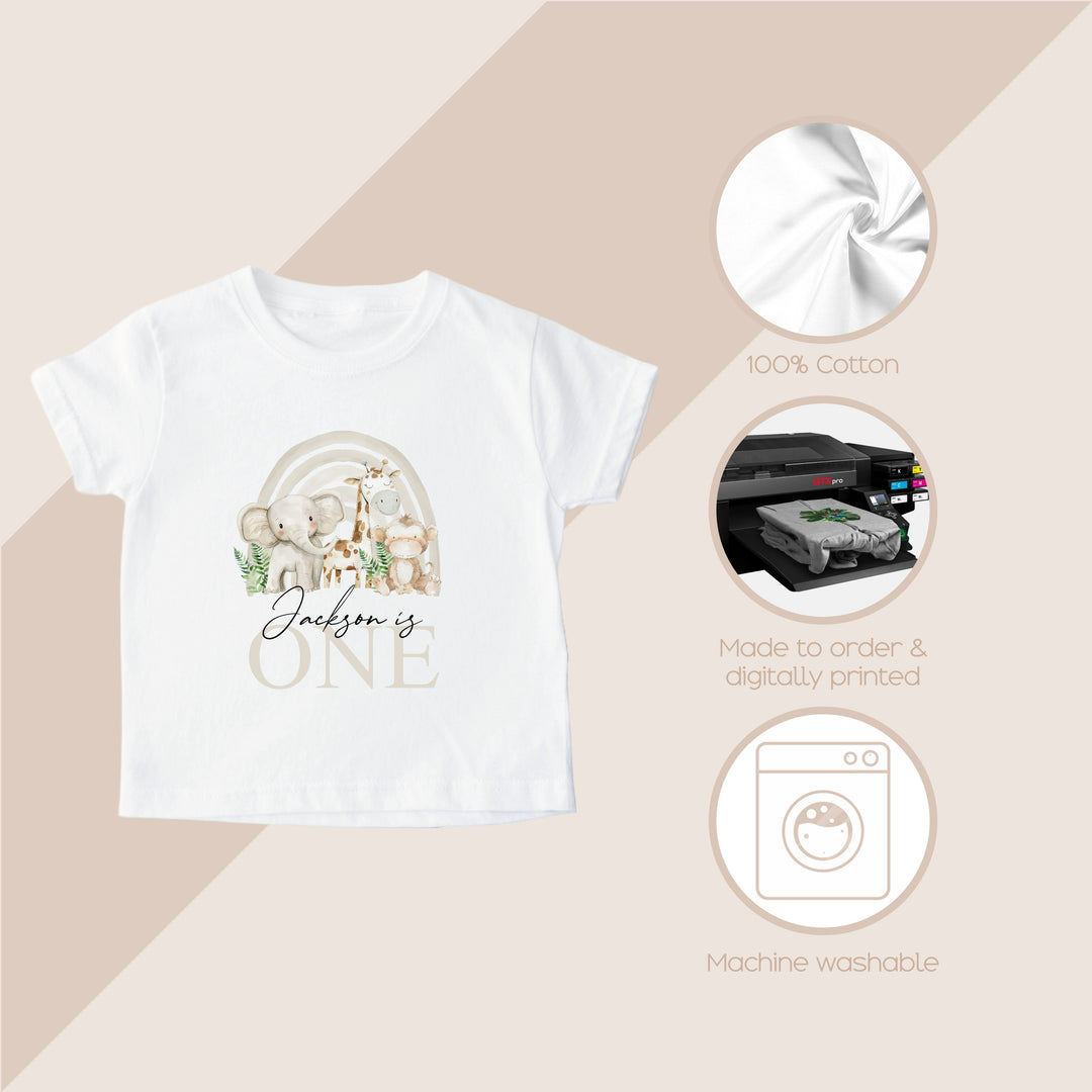 Personalised Beige Jungle Rainbow Birthday T-shirt