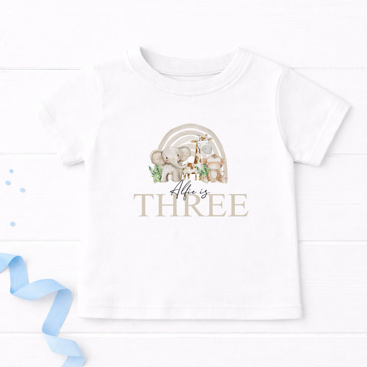 Personalised Beige Jungle Rainbow Any Age Birthday T-shirt