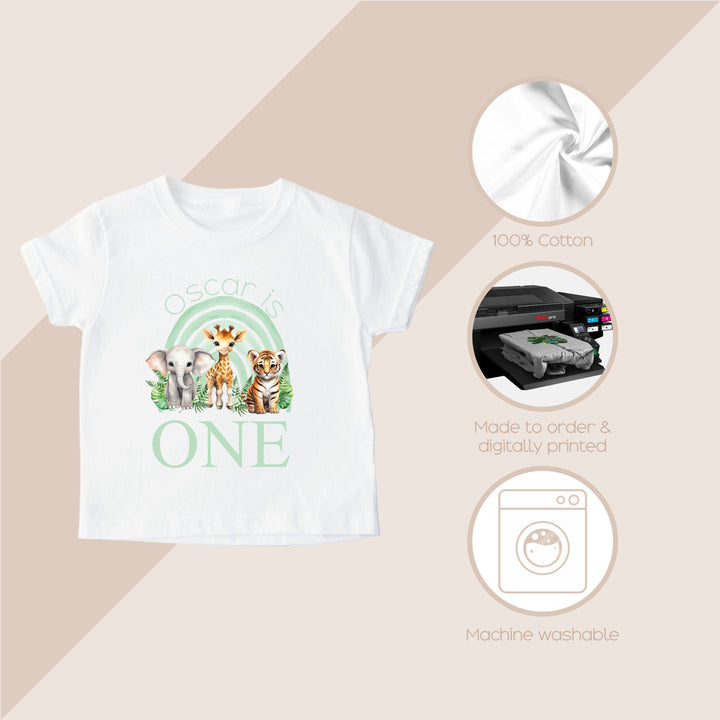 Personalised Green Jungle Rainbow Birthday T-shirt