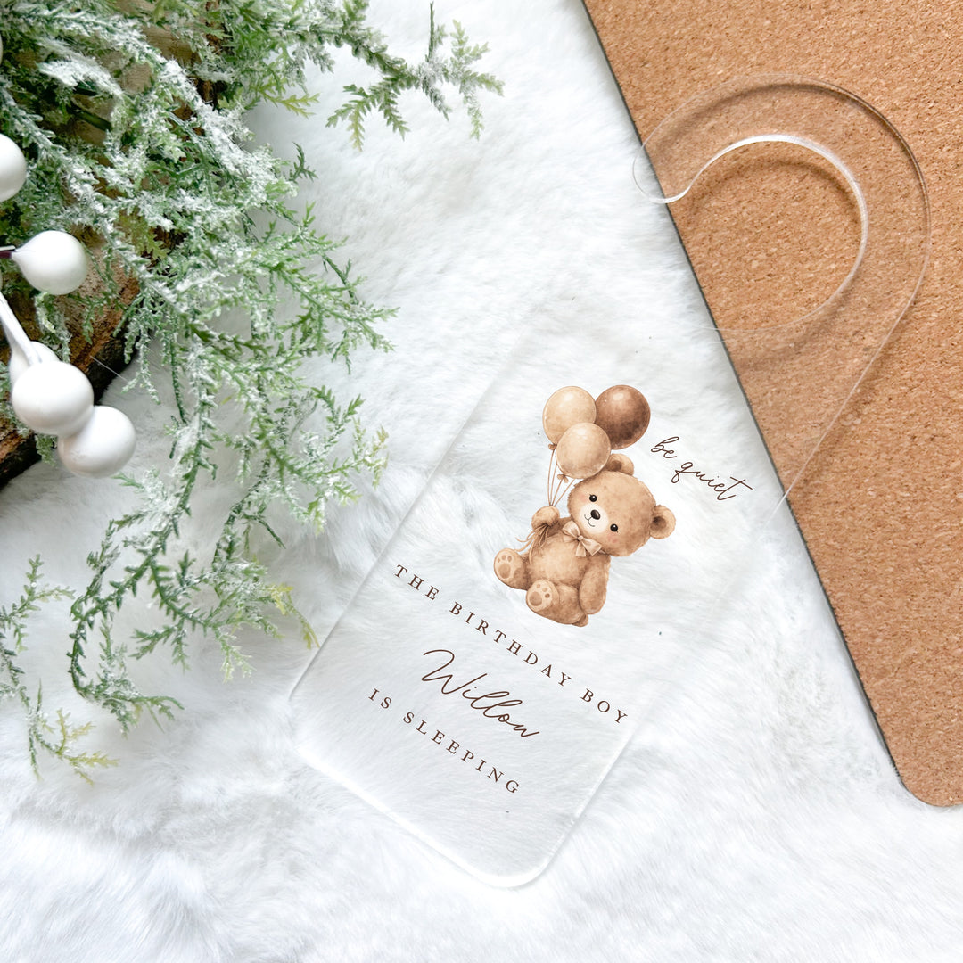 Personalised Beige Teddy Bear The Birthday Boy/Girl Is Sleeping Door Sign