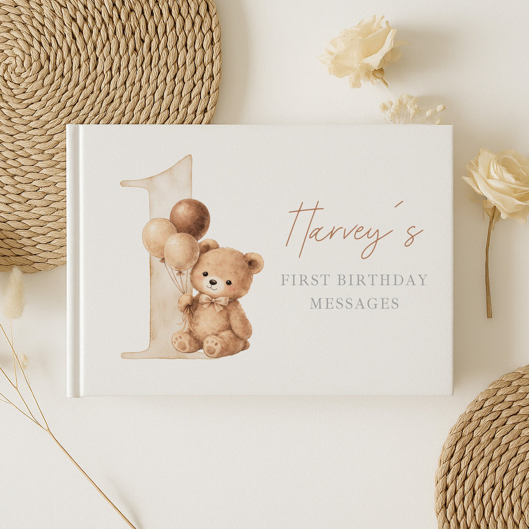 Personalised Beige Teddy Bear First Birthday Guest Book