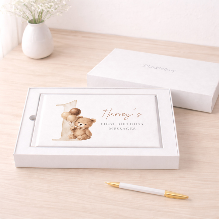 Personalised Beige Teddy Bear First Birthday Guest Book