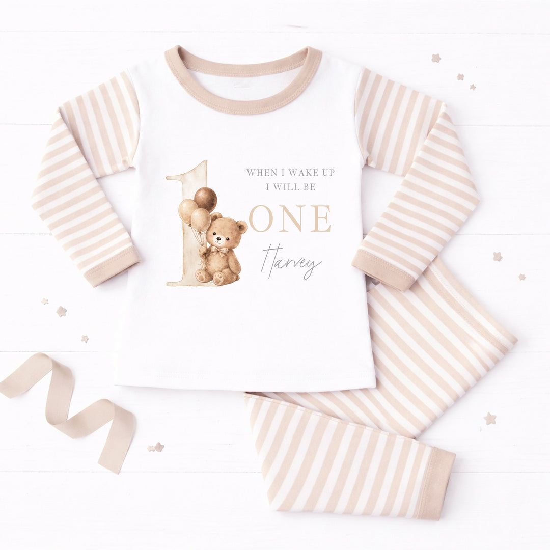 Personalised Beige Teddy When I Wake Up I Will Be One First Birthday Pyjamas