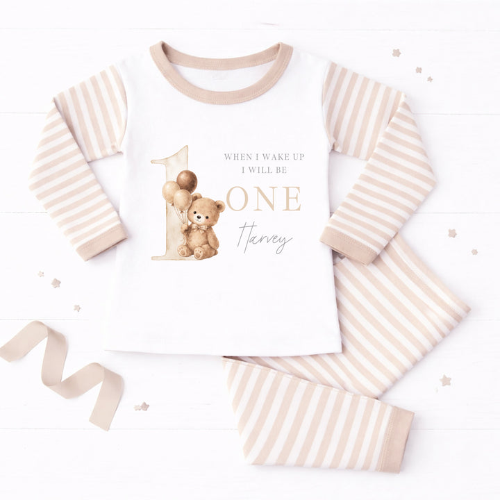 Personalised Beige Teddy When I Wake Up I Will Be One First Birthday Pyjamas