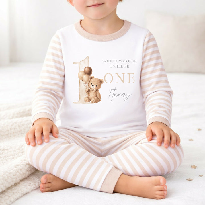 Personalised Beige Teddy When I Wake Up I Will Be One First Birthday Pyjamas