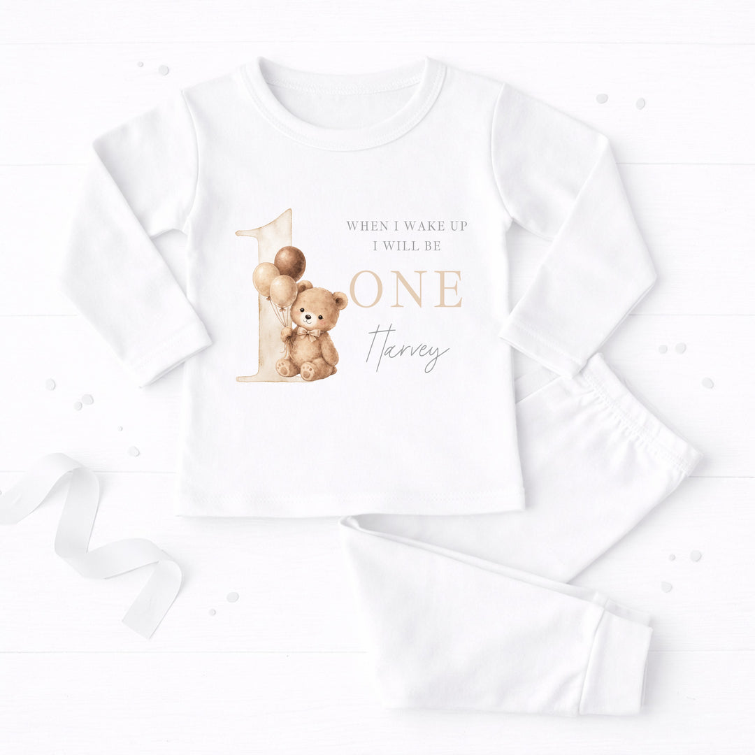 Personalised Beige Teddy When I Wake Up I Will Be One First Birthday Pyjamas