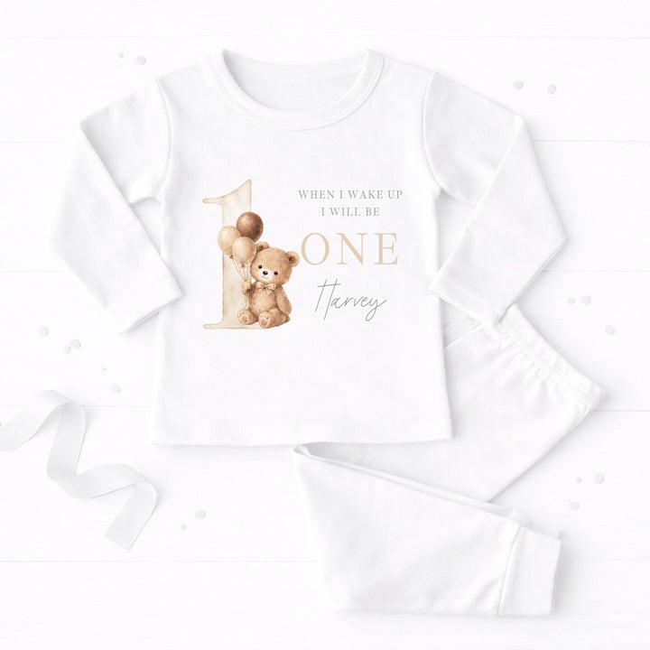 Personalised Beige Teddy When I Wake Up I Will Be One First Birthday Pyjamas